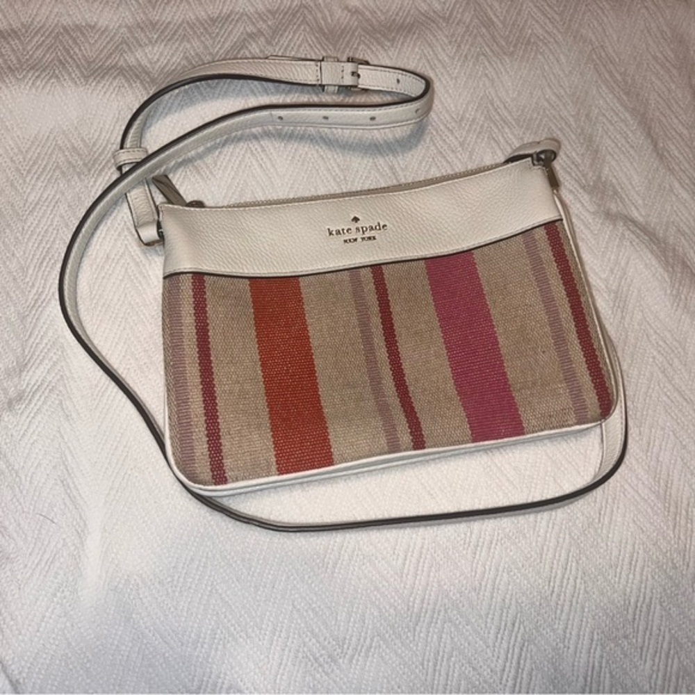 ♠️ Kate Spade ♠️ Leila Triple Gusset Canvas Leather Crossbody Pink White Stripe